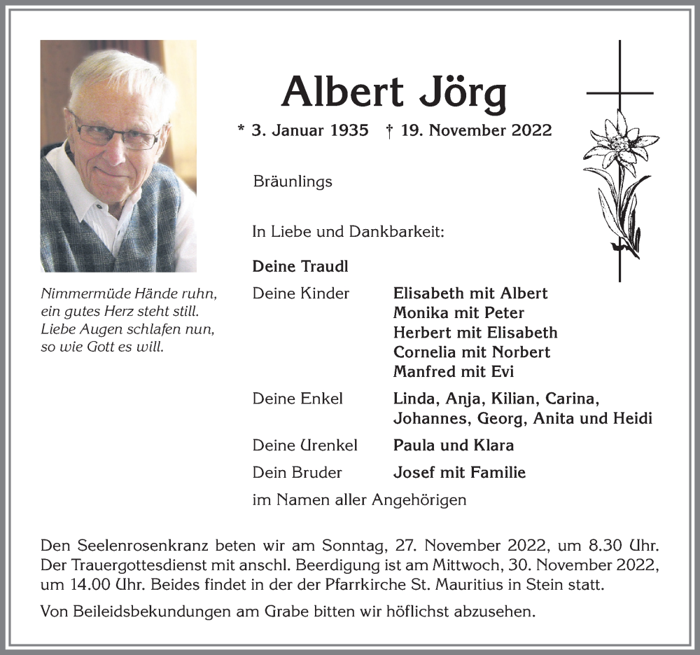  Traueranzeige für Albert Jörg vom 24.11.2022 aus Allgäuer Anzeigeblatt