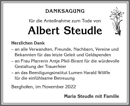 Traueranzeige von Albert Steudle von Allgäuer Anzeigeblatt