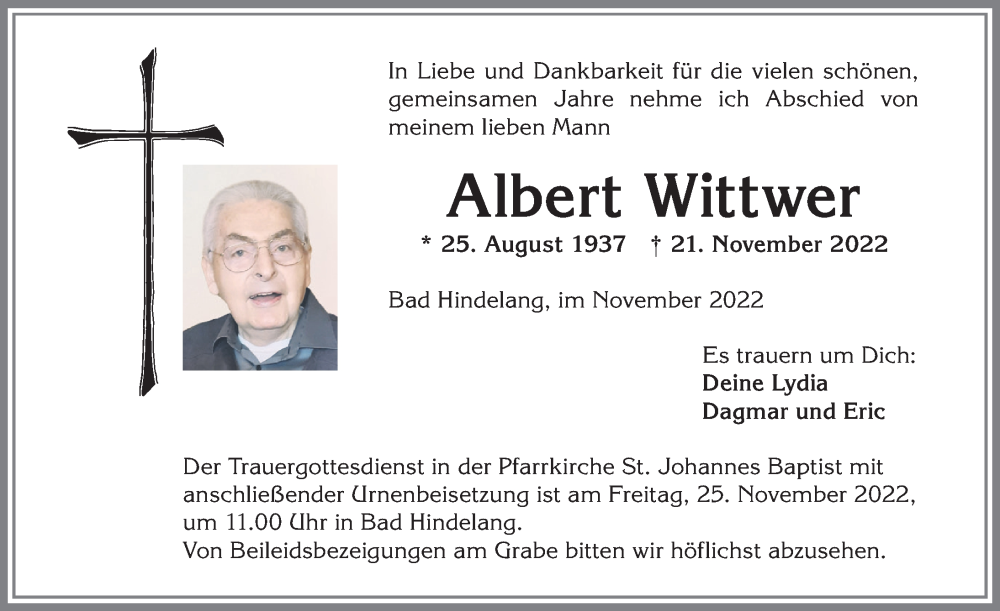  Traueranzeige für Albert Wittwer vom 24.11.2022 aus Allgäuer Anzeigeblatt
