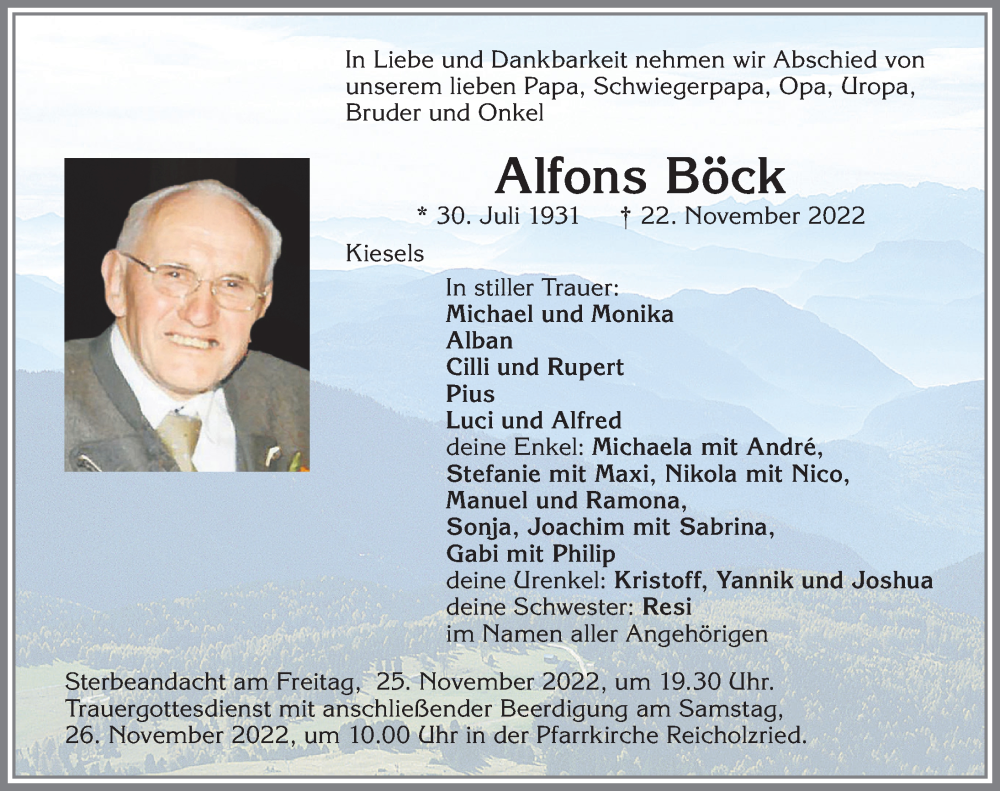  Traueranzeige für Alfons Böck vom 24.11.2022 aus Allgäuer Zeitung,Kempten