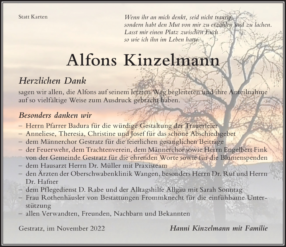  Traueranzeige für Alfons Kinzelmann vom 05.11.2022 aus Der Westallgäuer