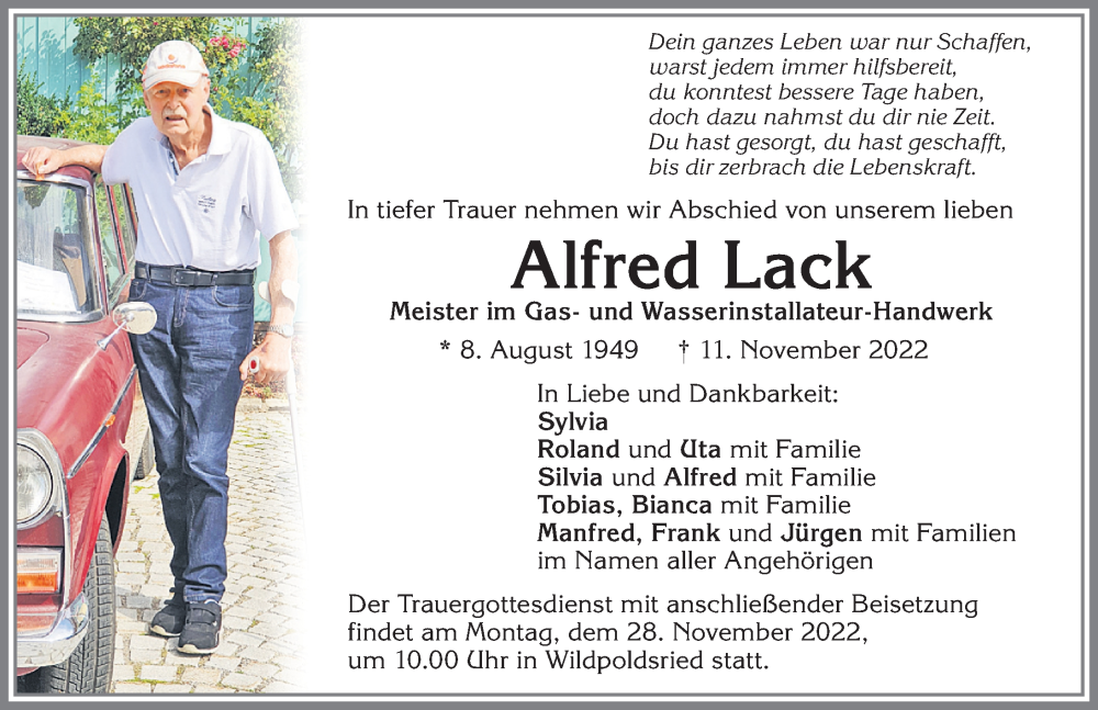  Traueranzeige für Alfred Lack vom 24.11.2022 aus Allgäuer Zeitung,Kempten