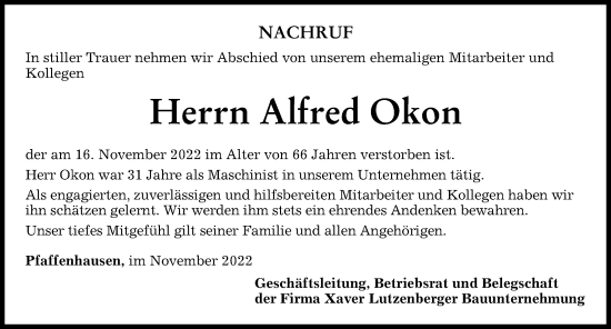 Traueranzeige von Alfred Okon von Augsburger Allgemeine, Mindelheimer Zeitung