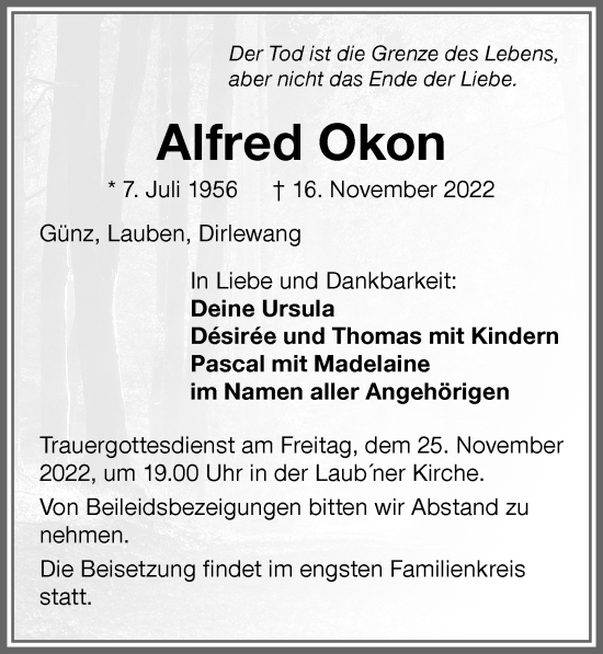 Traueranzeige von Alfred Okon von Memminger Zeitung