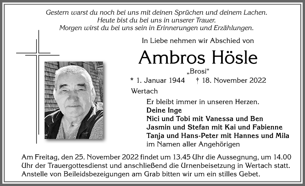  Traueranzeige für Ambros Hösle vom 22.11.2022 aus Allgäuer Anzeigeblatt