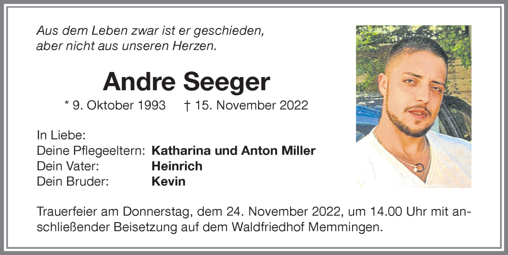  Traueranzeige für Andre Seeger vom 23.11.2022 aus Memminger Zeitung