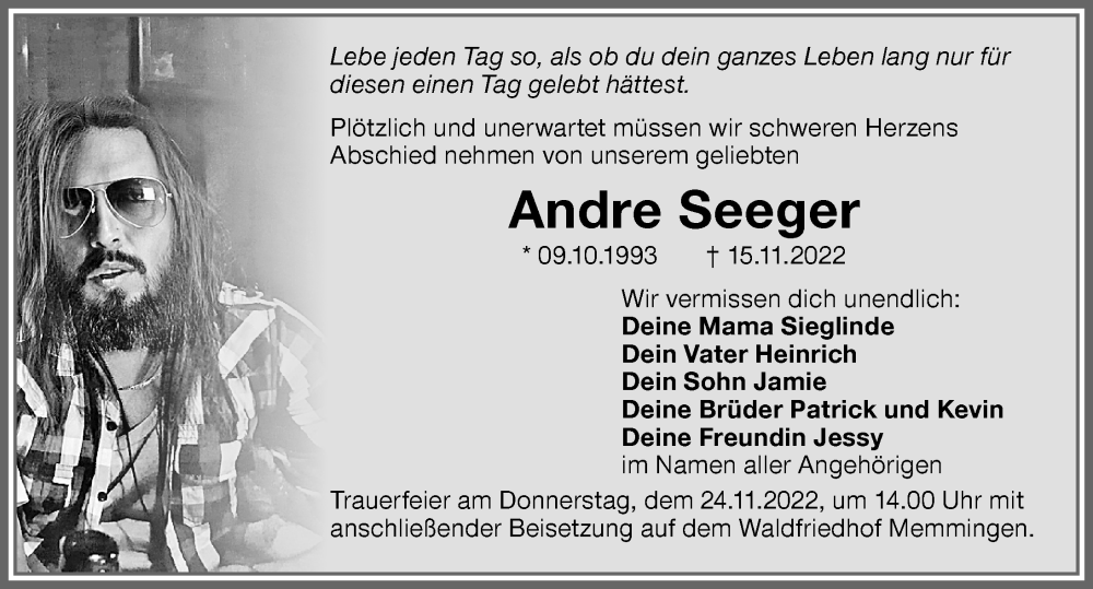  Traueranzeige für Andre Seeger vom 21.11.2022 aus Memminger Zeitung
