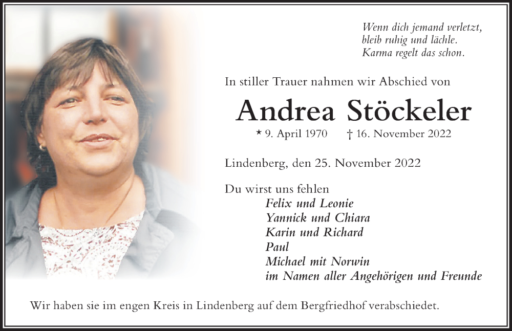  Traueranzeige für Andrea Stöckeler vom 25.11.2022 aus Der Westallgäuer