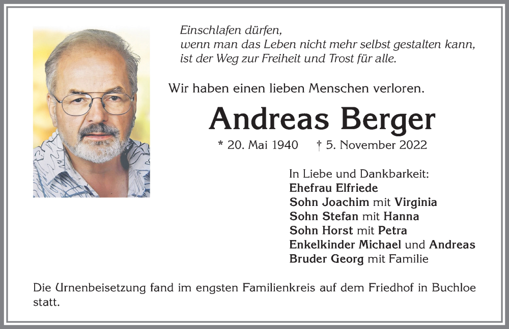  Traueranzeige für Andreas Berger vom 26.11.2022 aus Allgäuer Zeitung, Kaufbeuren/Buchloe