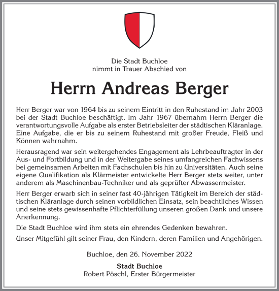 Traueranzeige von Andreas Berger von Allgäuer Zeitung, Kaufbeuren/Buchloe