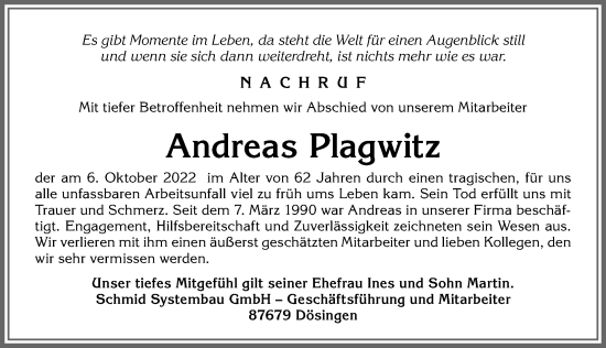 Traueranzeige von Andreas Plagwitz von Allgäuer Zeitung, Kaufbeuren/Buchloe
