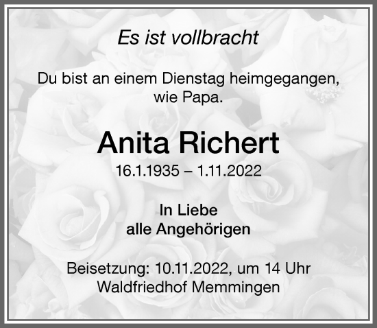 Traueranzeige von Anita Richert von Memminger Zeitung