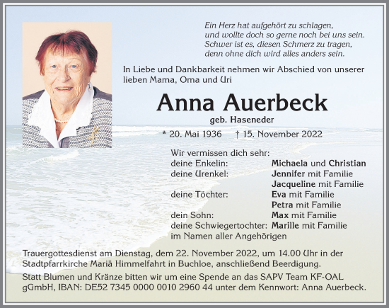 Traueranzeige von Anna Auerbeck von Allgäuer Zeitung, Kaufbeuren/Buchloe