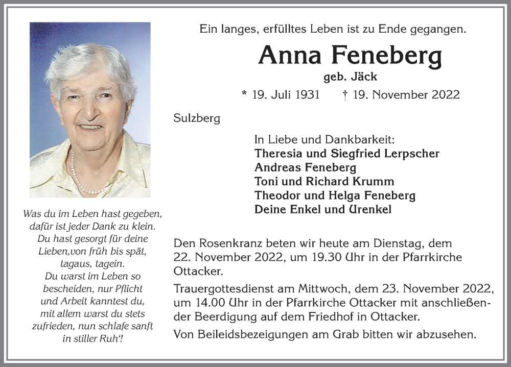  Traueranzeige für Anna Feneberg vom 22.11.2022 aus Allgäuer Zeitung,Kempten
