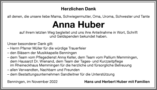 Traueranzeige von Anna Huber von Memminger Zeitung