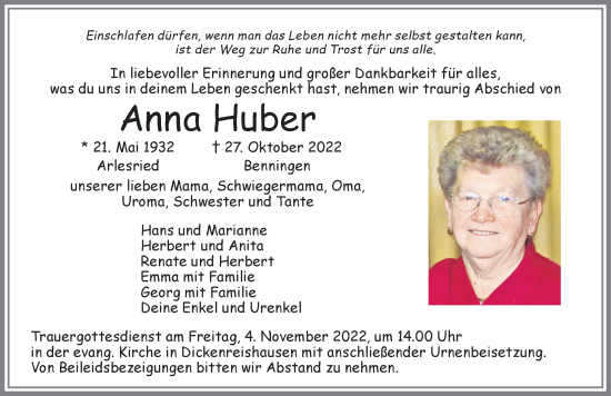 Traueranzeige von Anna Huber von Memminger Zeitung