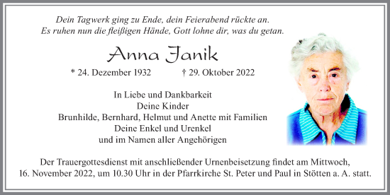 Traueranzeige von Anna Janik von Allgäuer Zeitung, Marktoberdorf