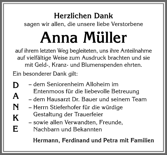 Traueranzeige von Anna Müller von Allgäuer Anzeigeblatt