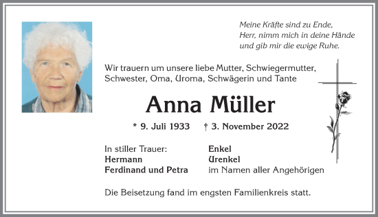 Traueranzeige von Anna Müller von Allgäuer Anzeigeblatt