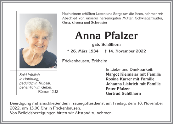 Traueranzeige von Anna Pfalzer von Memminger Zeitung