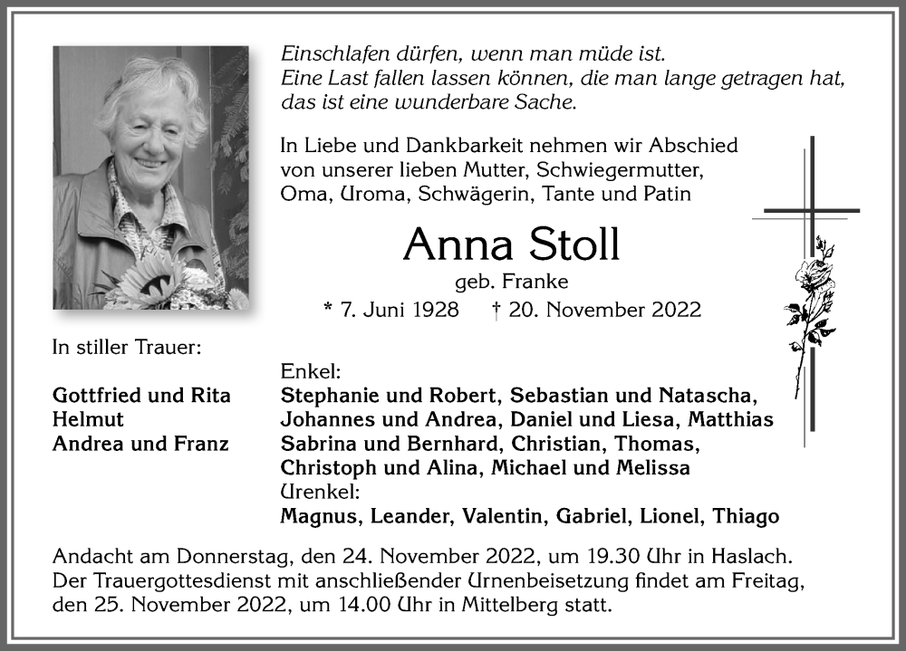  Traueranzeige für Anna Stoll vom 22.11.2022 aus Allgäuer Zeitung,Kempten