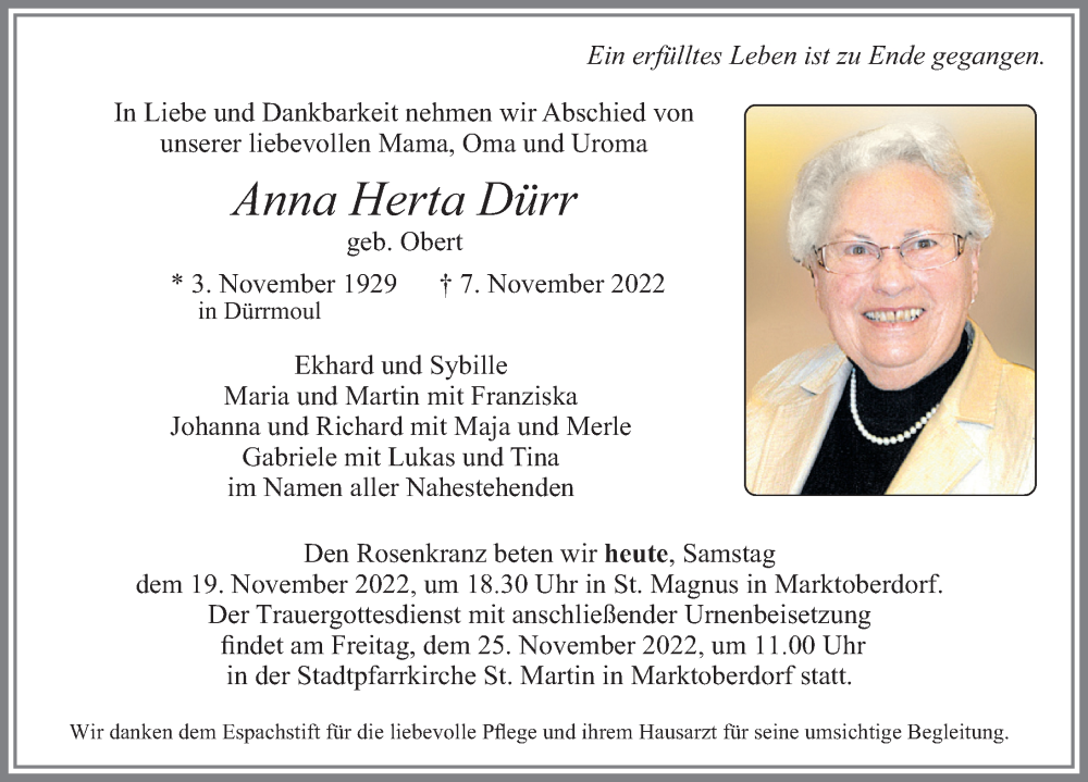  Traueranzeige für Anna Herta Dürr vom 19.11.2022 aus Allgäuer Zeitung, Marktoberdorf