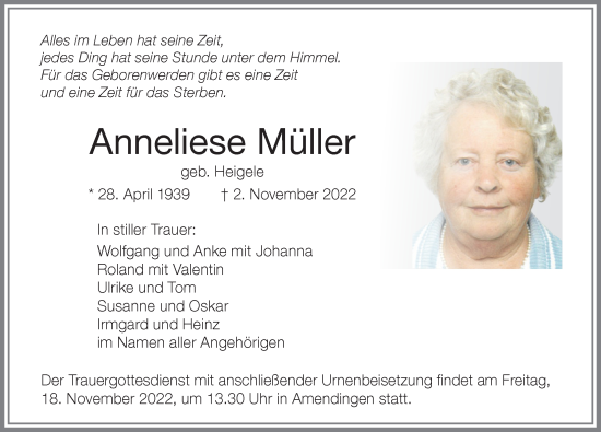 Traueranzeige von Anneliese Müller von Memminger Zeitung