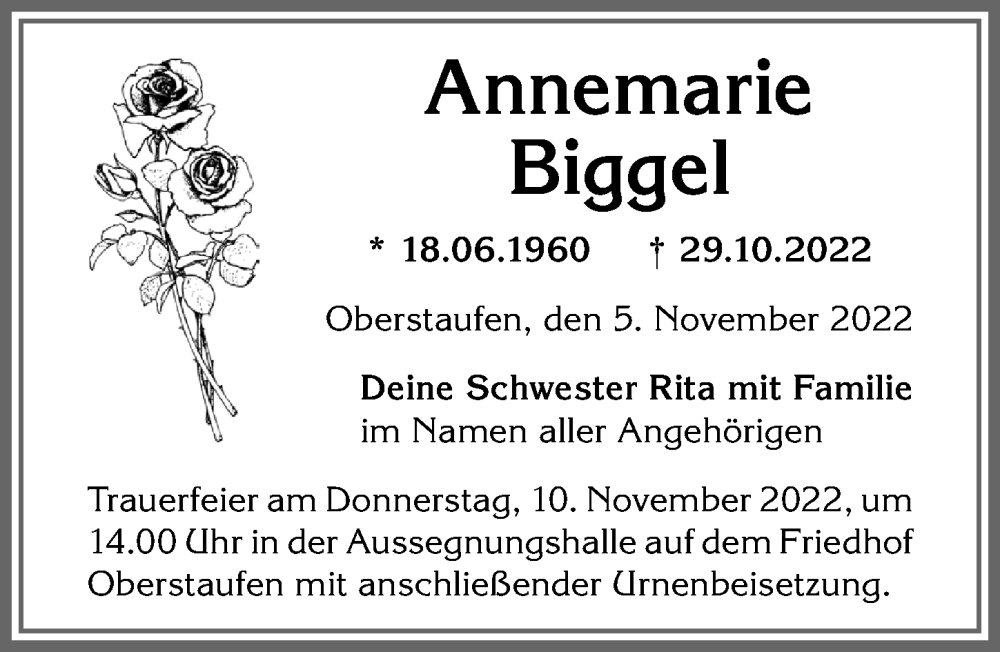  Traueranzeige für Annemarie Biggel vom 05.11.2022 aus Allgäuer Anzeigeblatt