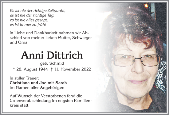 Traueranzeige von Anni Dittrich von Allgäuer Zeitung, Kaufbeuren/Buchloe