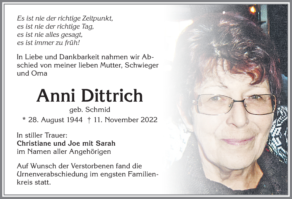  Traueranzeige für Anni Dittrich vom 26.11.2022 aus Allgäuer Zeitung, Kaufbeuren/Buchloe