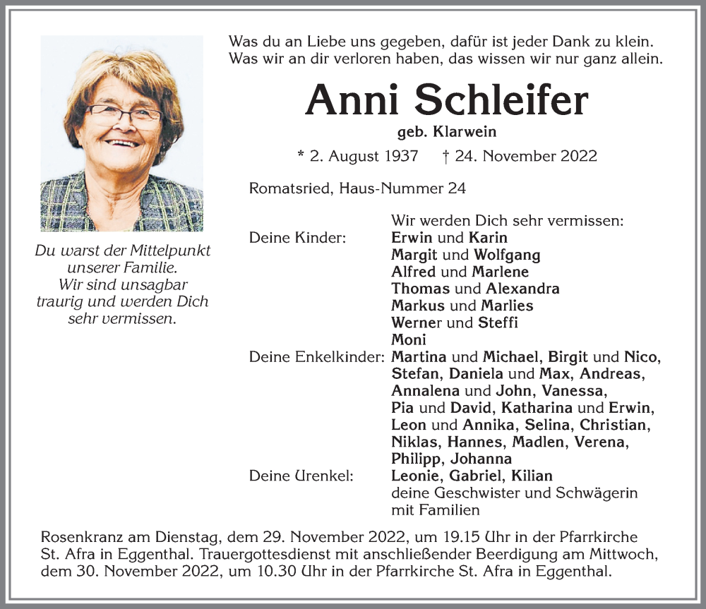  Traueranzeige für Anni Schleifer vom 26.11.2022 aus Allgäuer Zeitung, Marktoberdorf
