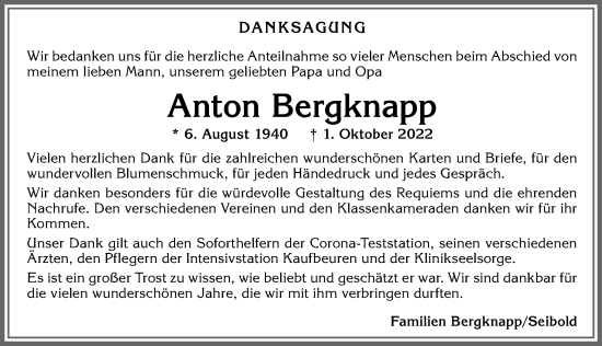 Traueranzeige von Anton Bergknapp von Allgäuer Zeitung, Kaufbeuren/Buchloe