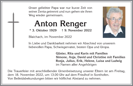 Traueranzeige von Anton Renger von Allgäuer Anzeigeblatt