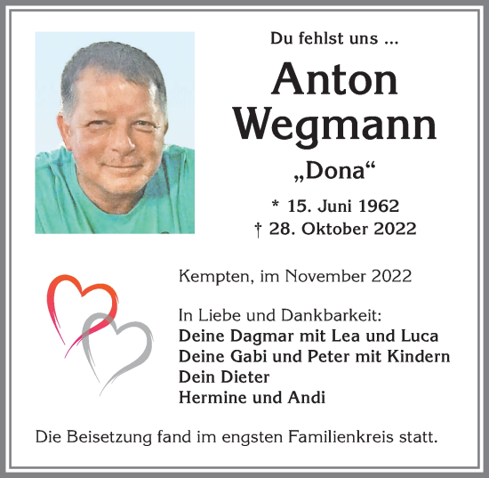 Traueranzeige von Anton Wegmann von Allgäuer Zeitung,Kempten