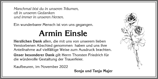 Traueranzeige von Armin Einsle von Allgäuer Zeitung, Kaufbeuren/Buchloe