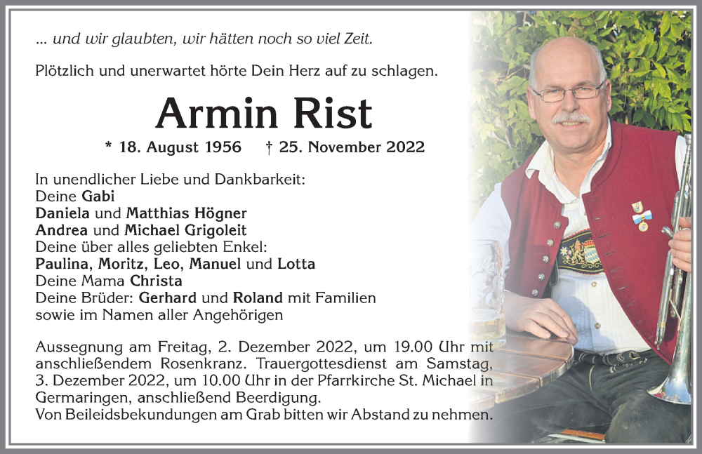  Traueranzeige für Armin Rist vom 29.11.2022 aus Allgäuer Zeitung, Kaufbeuren/Buchloe