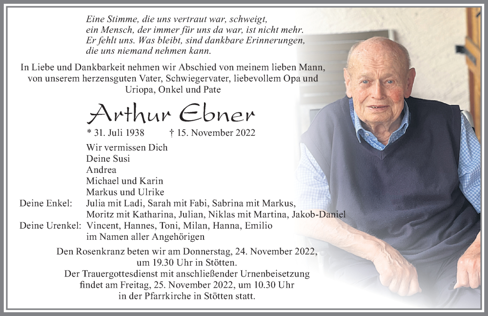  Traueranzeige für Arthur Ebner vom 23.11.2022 aus Allgäuer Zeitung, Marktoberdorf