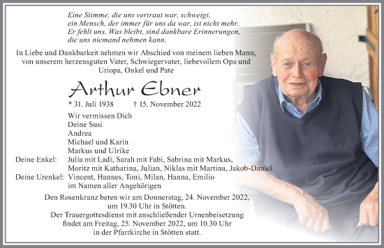 Traueranzeige von Arthur Ebner von Allgäuer Zeitung, Marktoberdorf