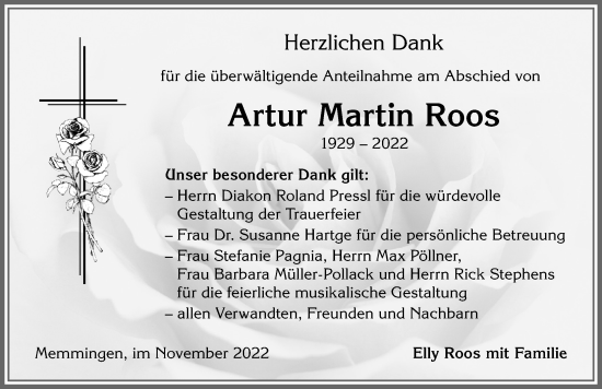 Traueranzeige von Artur Martin Roos von Memminger Zeitung