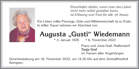 Traueranzeige von Augusta Wiedemann von Allgäuer Zeitung,Kempten
