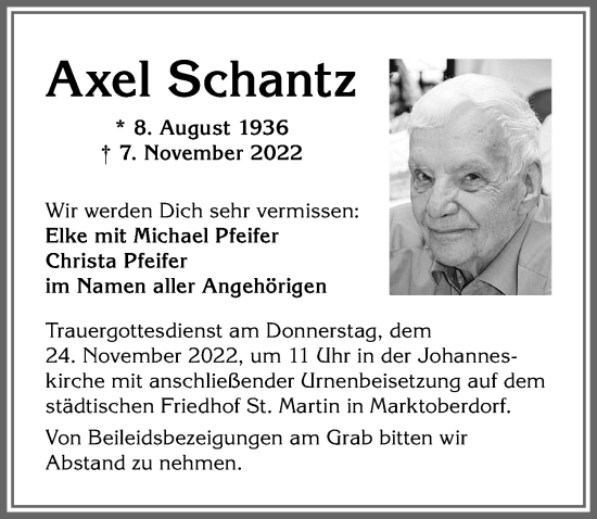 Traueranzeige von Axel Schantz von Allgäuer Zeitung, Marktoberdorf