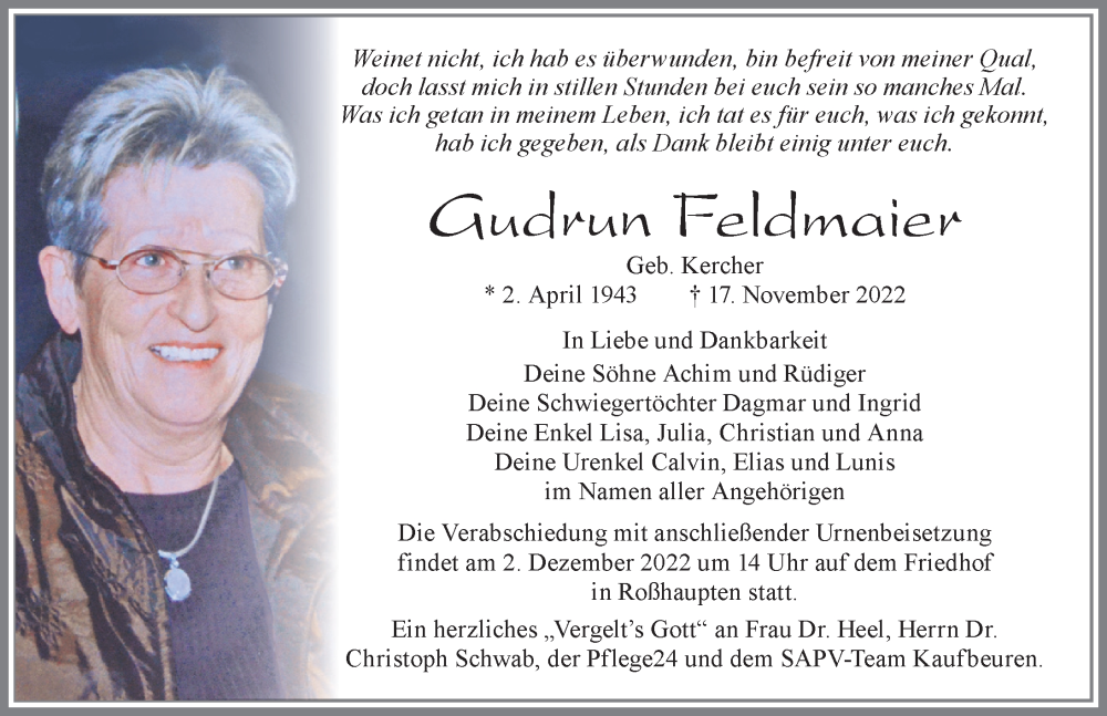  Traueranzeige für Gudrun Feldmaier vom 26.11.2022 aus Allgäuer Zeitung, Füssen
