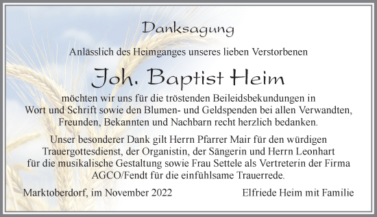 Traueranzeige von Baptist Heim von Allgäuer Zeitung, Marktoberdorf