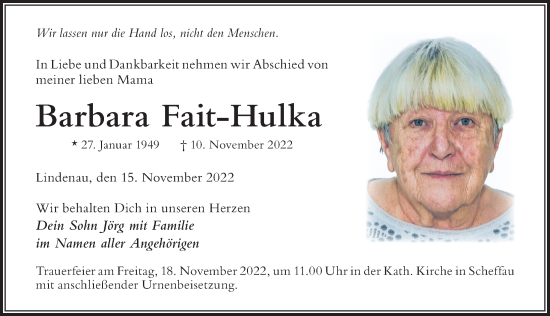 Traueranzeige von Barbara Fait-Hulka von Der Westallgäuer