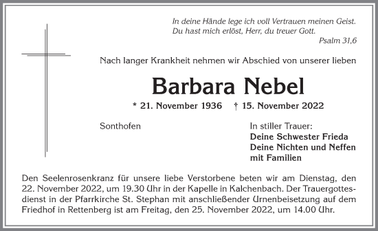 Traueranzeige von Barbara Nebel von Allgäuer Anzeigeblatt