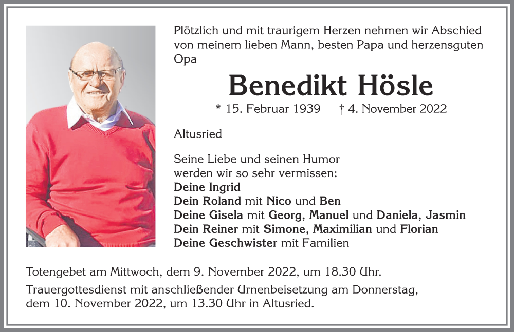  Traueranzeige für Benedikt Hösle vom 07.11.2022 aus Allgäuer Zeitung,Kempten