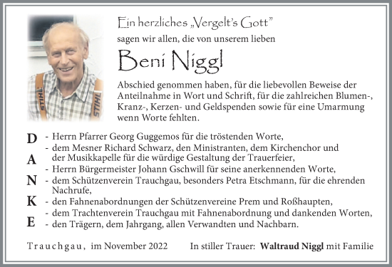 Traueranzeige von Beni Niggl von Allgäuer Zeitung, Füssen