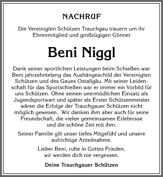 Traueranzeige von Beni Niggl von Allgäuer Zeitung, Füssen