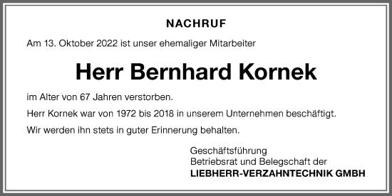 Traueranzeige von Bernhard Kornek von Allgäuer Zeitung,Kempten