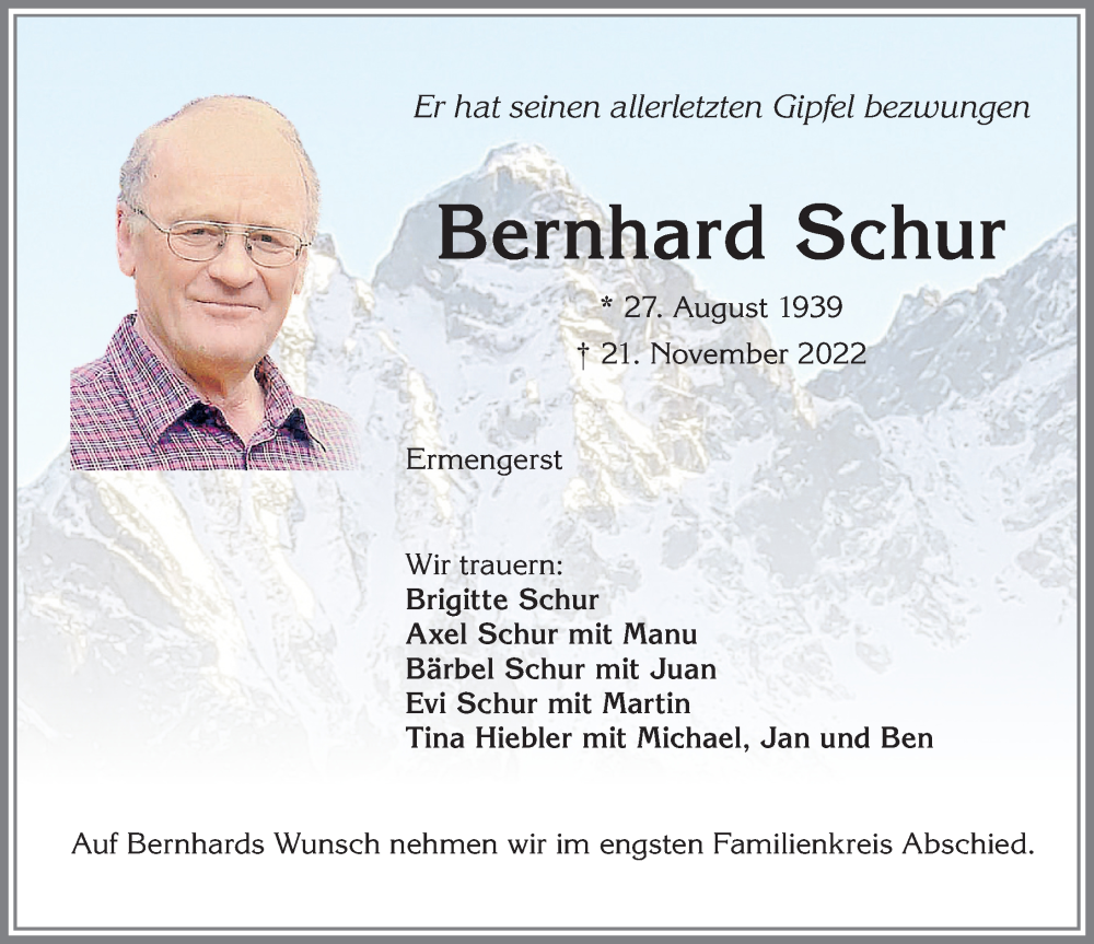  Traueranzeige für Bernhard Schur vom 26.11.2022 aus Allgäuer Anzeigeblatt